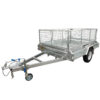 The 9×5 Single Axle Box Trailer ATM 1400KG with Jockey Wheel is a silver utility trailer featuring a mesh cage, single axle, and tow hitch, shown parked on a white background.