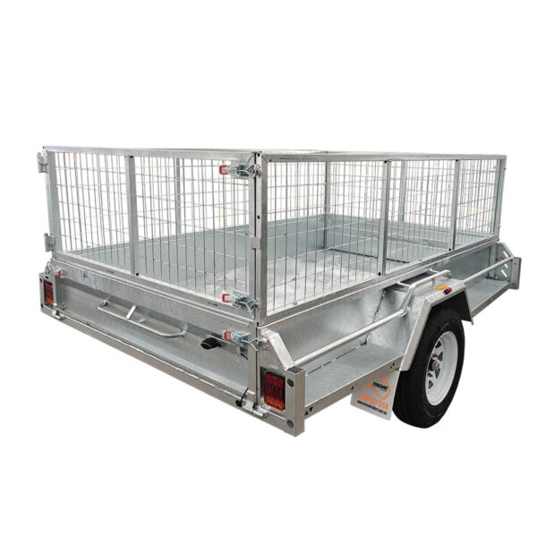 The 9×5 Single Axle Box Trailer ATM 1400KG with Jockey Wheel features mesh sides, a galvanized metal build, white wheel, rear lights, and a flatbed for carrying cargo.