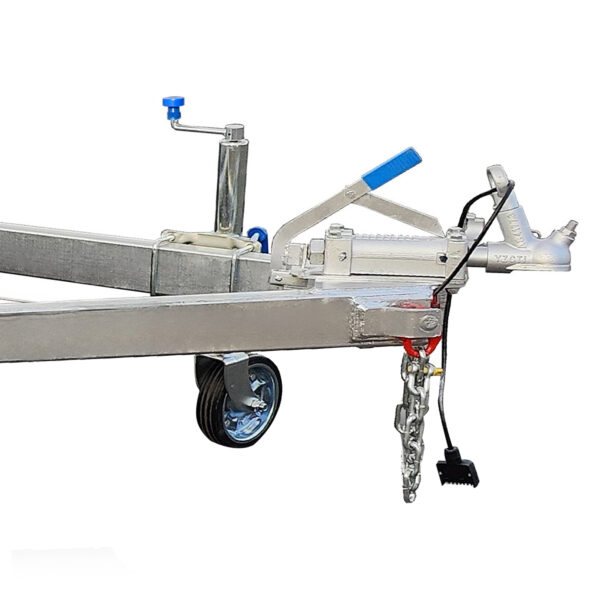 Close-up of the 9×5 Single Axle Box Trailer ATM 1400KG with Jockey Wheel, featuring a metal hitch with blue handle, safety chains, maneuvering wheel, and black electrical connector on a white background.