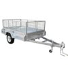 A silver 7x5 single axle utility box trailer with high mesh sides and tow hitch, featuring white wheels and a sturdy metal frame, is designed for transporting goods safely. Equipped with a jockey wheel, this 750KG ATM trailer is angled against a plain white background.