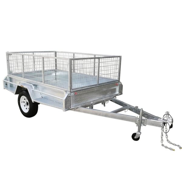 A silver 7x5 single axle utility box trailer with high mesh sides and tow hitch, featuring white wheels and a sturdy metal frame, is designed for transporting goods safely. Equipped with a jockey wheel, this 750KG ATM trailer is angled against a plain white background.