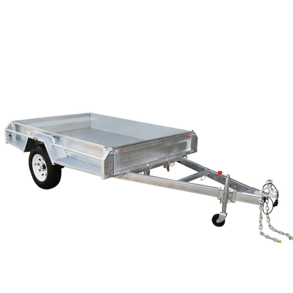 The 7×5 Single Axle Box Trailer features an open rectangular metallic bed, a single axle with one wheel on each side, a triangular hitch with a safety chain, and includes a jockey wheel. Its designed simply and functionally for hauling tasks.