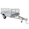 A metallic utility trailer with mesh sides and a single axle. It features a white wheel and a tow hitch with safety chains. The trailer has a sturdy and open design, suitable for transporting various items.