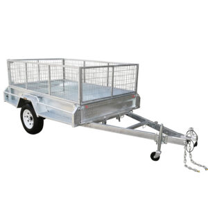 A metallic utility trailer with mesh sides and a single axle. It features a white wheel and a tow hitch with safety chains. The trailer has a sturdy and open design, suitable for transporting various items.