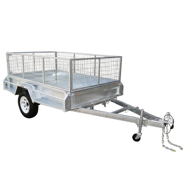 A metallic utility trailer with mesh sides and a single axle. It features a white wheel and a tow hitch with safety chains. The trailer has a sturdy and open design, suitable for transporting various items.