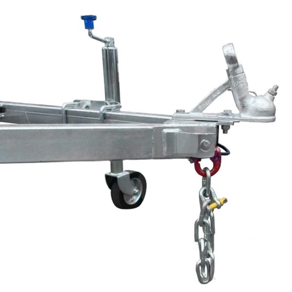 Close-up of a metal trailer hitch with a coupling mechanism, safety chain, and support wheel. Attached to a metal frame, it features a blue handle crank for adjustment. Product: 8x5 Single Axle Box Trailer ATM 750KG With Jockey Wheel.