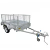 A 6x4 single axle box trailer with mesh sides and a hitch with a blue knob at the front. Its equipped with a safety chain and jockey wheel, empty and set against a plain white background.