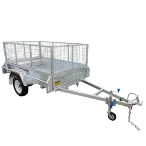 A 6x4 single axle box trailer with mesh sides and a hitch with a blue knob at the front. Its equipped with a safety chain and jockey wheel, empty and set against a plain white background.