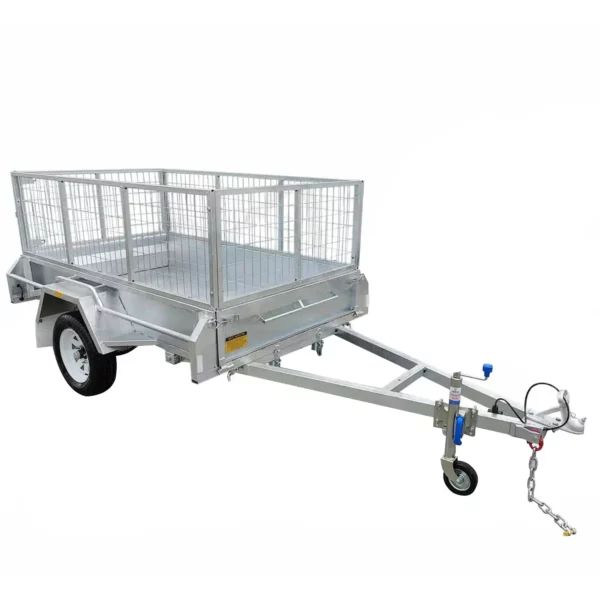 A 6x4 single axle box trailer with mesh sides and a hitch with a blue knob at the front. Its equipped with a safety chain and jockey wheel, empty and set against a plain white background.