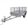 This 6x4 Single Axle Box Trailer, featuring high mesh sides and a triangular hitch with a blue connector, comes equipped with two wheels and a jockey wheel. The trailer is presented against a white background.