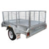 A 6x4 Single Axle Box Trailer ATM 750KG with jockey wheel, silver metal body, mesh sides, white wheel, rear reflectors, and a license plate mounted on the back.