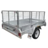 The 6x4 Single Axle Box Trailer ATM 750KG with a jockey wheel features mesh sides, a single axle with white wheels, a tailgate, reflective lights, and branding on the mudguard and tailgate for transporting goods.