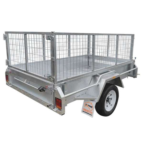 The 6x4 Single Axle Box Trailer ATM 750KG With Jockey Wheel features mesh wire sides, a single axle, white wheel, silver finish, rear gate, and a mud flap with text.