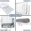 Collage displaying optional extras for a 6x4 Single Axle Box Trailer ATM 750KG With Jockey Wheel: features include a drop-down ramp, ladder racks, mower pad, and canvas cover. Each is illustrated in its own section of the image.