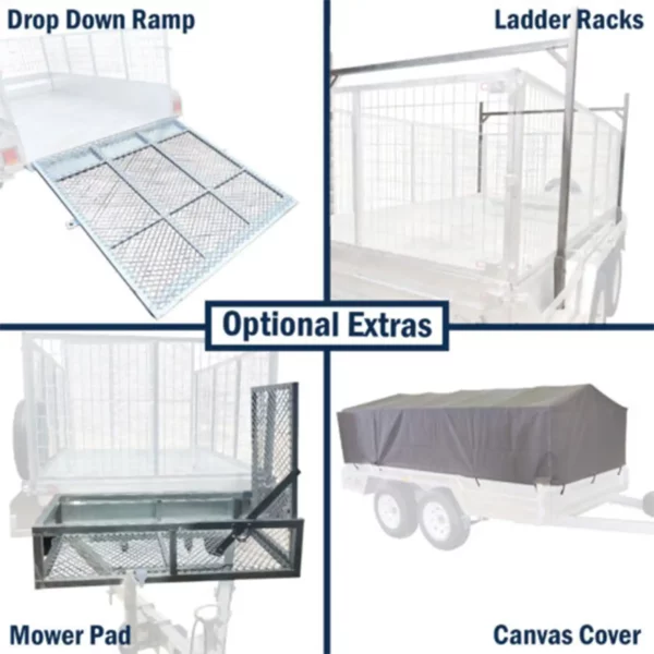 Collage displaying optional extras for a 6x4 Single Axle Box Trailer ATM 750KG With Jockey Wheel: features include a drop-down ramp, ladder racks, mower pad, and canvas cover. Each is illustrated in its own section of the image.