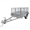 The 7×4 Single Axle Box Trailer ATM 750KG with jockey wheel features a silver finish, metal mesh cage, single axle, white wheel, and tow hitch—ideal for transporting goods or equipment.