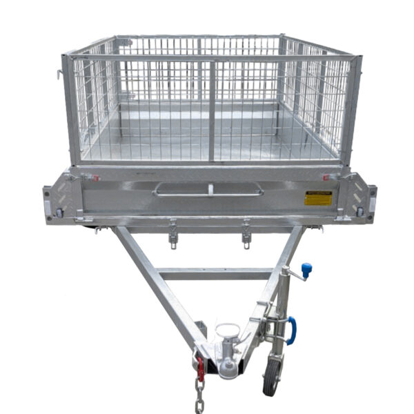 The 7×4 Single Axle Box Trailer ATM 750KG with Jockey Wheel is a metal utility trailer featuring a front-view cage enclosure, hitch, stabilizing jockey wheel, and mesh sides for secure goods transport.