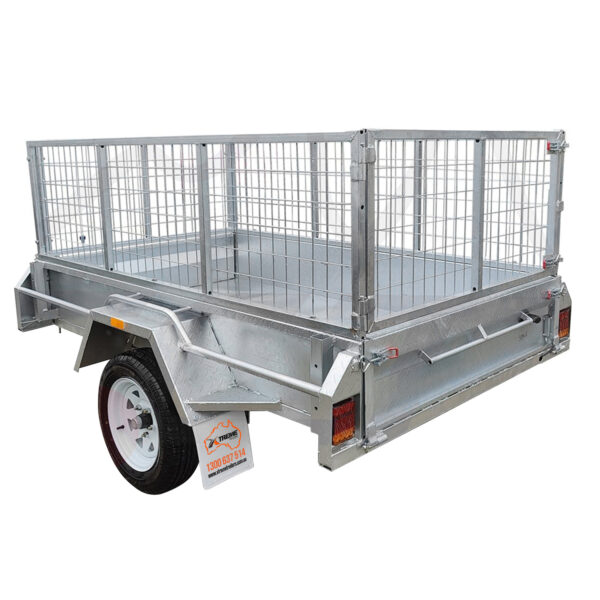 A 7x5 single axle box trailer with a cage, ATM 750kg, and jockey wheel.