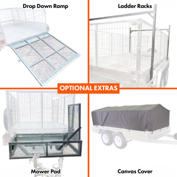 A collage displays four optional extras for the 7x5 Single Axle Box Trailer ATM 750KG With Jockey Wheel: drop-down ramp, ladder racks, mower pad, and canvas cover. Each is labeled, with “Optional Extras” in an orange box at the center.
