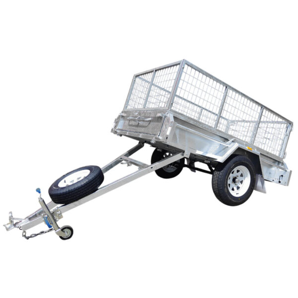The 8x5 Single Axle Box Trailer ATM 750KG With Jockey Wheel features metal cage sides, a tilting function on one axle, a spare tire mounted on the trailer arm, and rides on two wheels.
