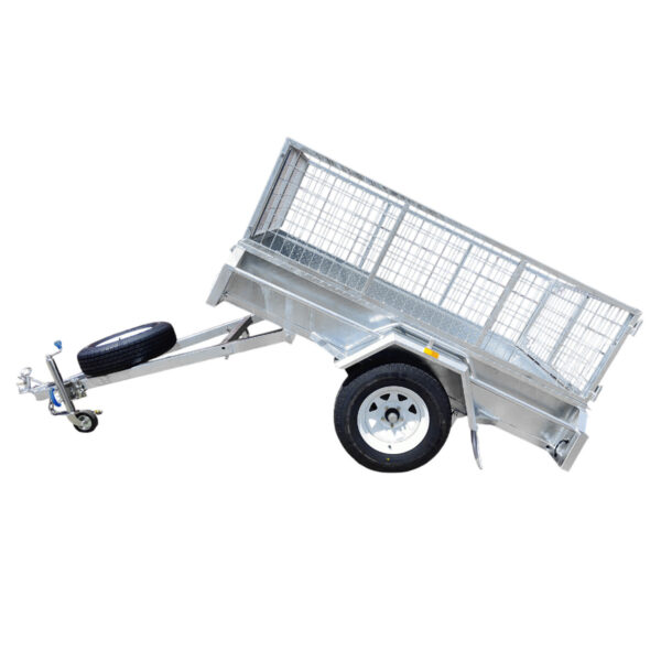 The 8x5 Single Axle Box Trailer ATM 750KG With Jockey Wheel features mesh sides, a tilting frame attached to a tow hitch, a spare tire mounted on the front, and large wheels on its single axle.