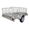 The 8x5 Single Axle Box Trailer ATM 750KG With Jockey Wheel features mesh sides, a silver metal frame, white wheel, rear lights, and an open-top design, shown from the back and side.