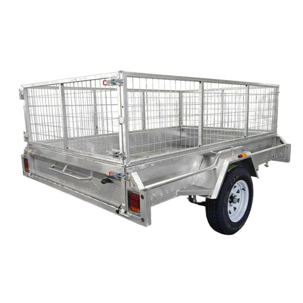 The 8x5 Single Axle Box Trailer ATM 750KG With Jockey Wheel features mesh sides, a silver metal frame, white wheel, rear lights, and an open-top design, shown from the back and side.