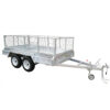 The Premium 10x5 Dual Axle Heavy Duty Tandem Trailer (2000KG ATM) features mesh sides, a flatbed cargo area, and a tow hitch, ideal for transporting goods.
