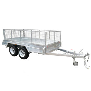 The Premium 10x5 Dual Axle Heavy Duty Tandem Trailer (2000KG ATM) features mesh sides, a flatbed cargo area, and a tow hitch, ideal for transporting goods.