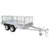 The Premium 10x5 Dual Axle Heavy Duty Tandem Trailer - 2000KG ATM For Sale features metal grated fence sides, dual axles with four wheels, and a front tow hitch. Displayed empty on a plain white background.