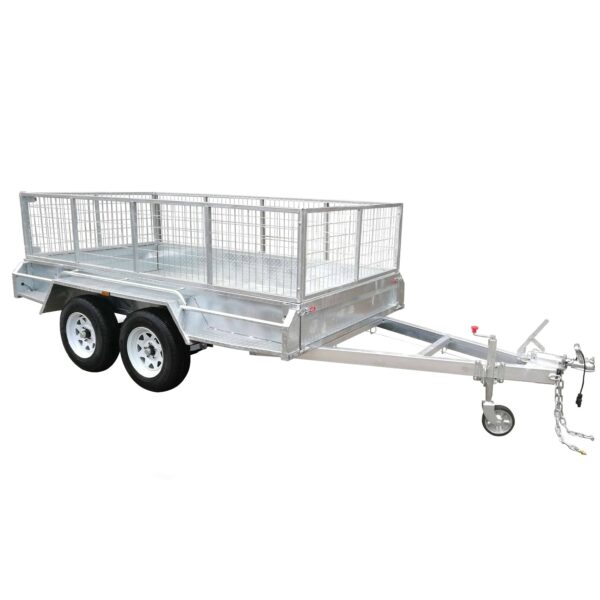 The Premium 10x5 Dual Axle Heavy Duty Tandem Trailer - 2000KG ATM For Sale features metal grated fence sides, dual axles with four wheels, and a front tow hitch. Displayed empty on a plain white background.