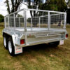 A Premium 10x5 Dual Axle Heavy Duty Tandem Trailer (2000KG ATM) is parked on grass outdoors, featuring silver metal construction with mesh sides, set against a backdrop of trees.