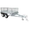 A Premium 10x6 Dual Axle Heavy Duty Tandem Trailer with wire mesh sides, V-shaped hitch, and front stand wheel is displayed empty on a white background. Ideal for attachment to vehicles with its 2000KG ATM capacity.