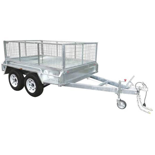 A Premium 10x6 Dual Axle Heavy Duty Tandem Trailer with wire mesh sides, V-shaped hitch, and front stand wheel is displayed empty on a white background. Ideal for attachment to vehicles with its 2000KG ATM capacity.