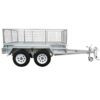 A Premium 10x6 Dual Axle Heavy Duty Tandem Trailer - 2000KG ATM is depicted. The silver metal utility trailer has two axles, double wheels, a mesh enclosure for cargo, and a tow hitch. Its shown empty on a white background.