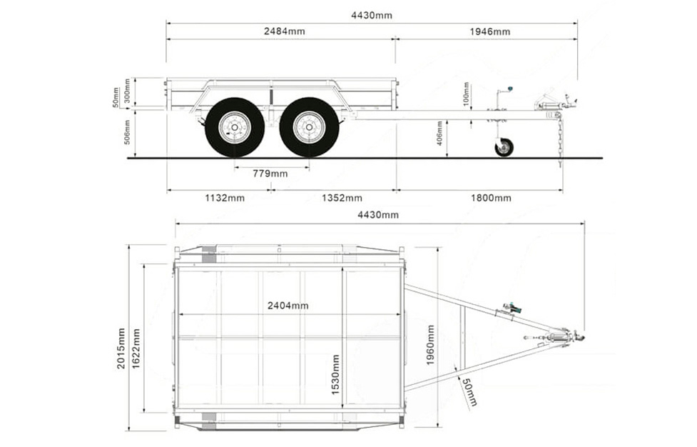 Technical drawing of the 4.8m Galvanized Boat Trailer (750kg ATM), ideal for 4.3–4.8m boats, with side/top views and detailed millimeter measurements for length, width, height, chassis, wheels, and tow bar.
