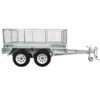 The Premium 8x5 Dual Axle Heavy Duty Tandem Trailer, supporting up to 2000KG ATM, features a metal build with a mesh cage and tow hitch. Designed for goods or equipment transport, it includes two white wheels per side for added cargo security.