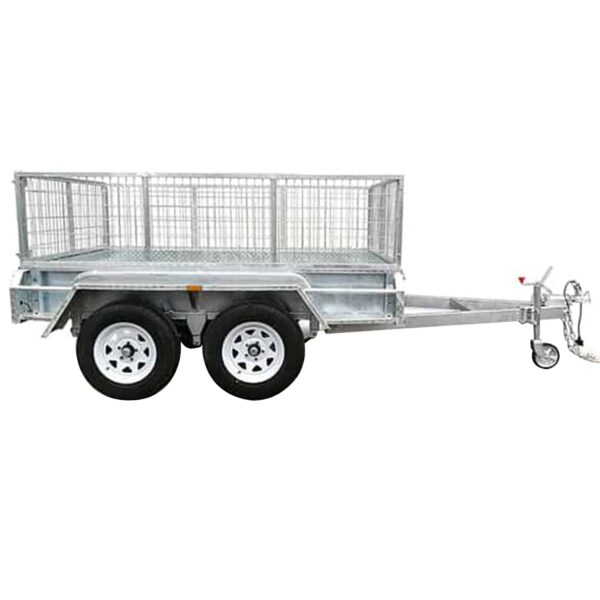The Premium 8x6 Dual Axle Heavy Duty Tandem Trailer (2000KG ATM) features a galvanized flatbed with mesh sides, a sturdy frame, and a front tow hitch on a single arm, perfect for transporting goods and equipment.