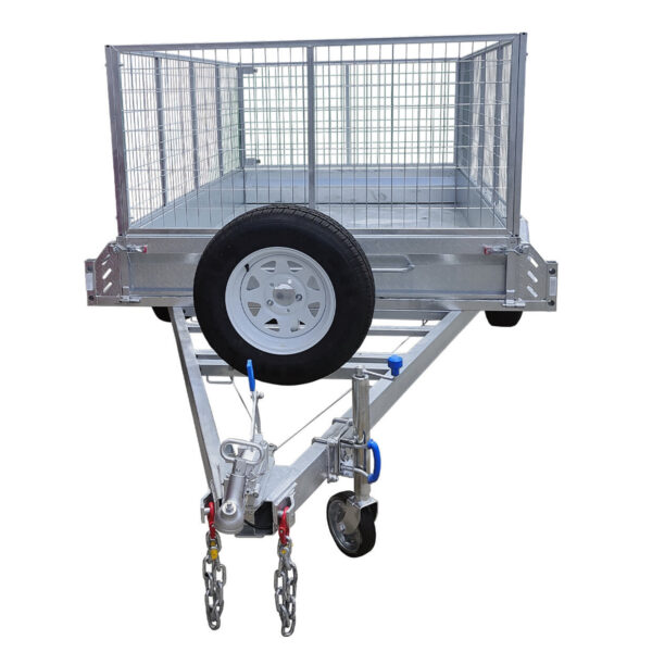 The Premium 8x5 Dual Axle Heavy Duty Tandem Trailer - 2000KG ATM features mesh sides, front spare tire, tow hitch, safety chains, and a swivel caster wheel—ideal for transporting goods or equipment.