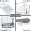 A collage labeled Optional Extras for the Premium 8x6 Dual Axle Heavy Duty Tandem Trailer – 2000KG ATM For Sale features attachments like a drop-down ramp, ladder racks, mower pad, and canvas cover, each displayed in a separate quadrant.