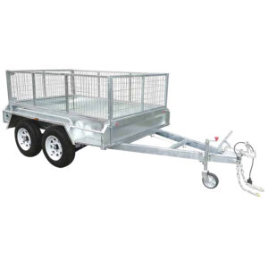 The Premium 8x6 Dual Axle Heavy Duty Tandem Trailer (2000KG ATM) features a silver metal frame, mesh sides, dual sets of wheels, and a front tow hitch—ideal for hauling cargo.