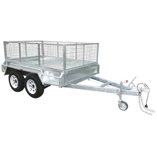 The Premium 8x6 Dual Axle Heavy Duty Tandem Trailer (2000KG ATM) features a silver metal frame, mesh sides, dual sets of wheels, and a front tow hitch—ideal for hauling cargo.