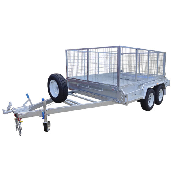 The Premium 8x5 Dual Axle Heavy Duty Tandem Trailer (3200KG ATM) features mesh wire sides, a front-mounted spare tire, and towing hitch—ideal for transporting goods or equipment.