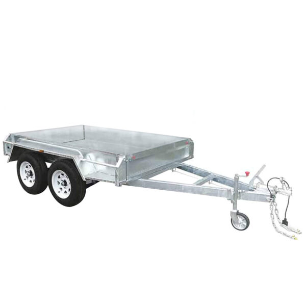 A silver utility trailer, featuring a flatbed design, dual-axle structure, and towing hitch, is shown against a white background. The product name is 7×5 Single Axle Box Trailer ATM 1400KG With Jockey Wheel.