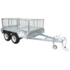 The Premium 10x5 Dual Axle Heavy Duty Tandem Trailer - 3200KG ATM For Sale features mesh wire sides, a metal frame, and tow hitch, ideal for transporting goods. It is shown unhitched against a plain white background.