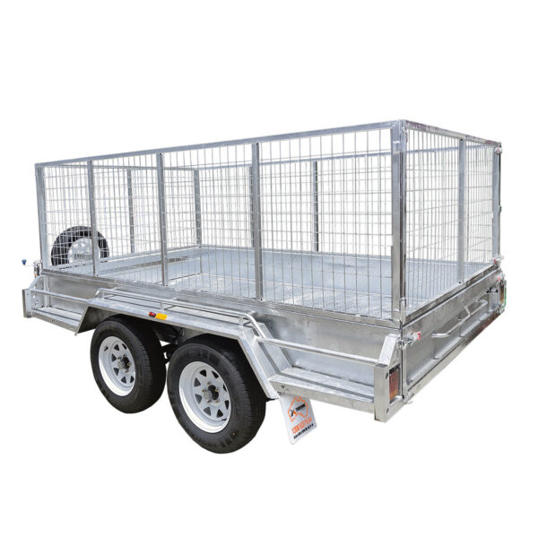 The Premium 10x6 Dual Axle Heavy Duty Tandem Trailer - 3200KG ATM features high metal mesh sides, a flatbed base, dual axles, and a mounted spare tire, displayed on a white background.