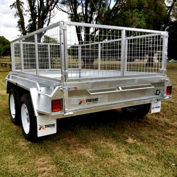 A Premium 10x5 Dual Axle Heavy Duty Tandem Trailer with metal mesh sides, branded with Treiwe logos on its mudguards, is parked on grassy ground. The trailer, designed to support up to 3200KG ATM and equipped with four wheels, has several trees visible in the background.