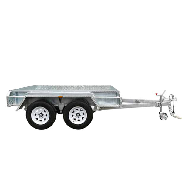 A silver 7×5 Single Axle Box Trailer with a flat cargo bed and towing hitch is designed for transporting goods. It features two wheels on each side and includes a jockey wheel, set against a plain white background. ATM 1400KG capacity.