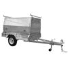 A silver Premium 7x5 Single Axle Tradesman Trailer with a lockable diamond-plate storage box on top, safety chains, and hitch is displayed in a side view against a white background. 750KG ATM.