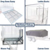 A collage displays four trailer accessories for the Premium 12x6 Dual Axle Heavy Duty Tandem Trailer - 3500KG ATM: top left shows a drop-down ramp, top right are ladder racks, bottom left features a mower pad, and bottom right shows a trailer with a canvas cover. Optional Extras is centered.